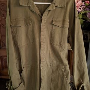Army Green Denim Overalls/Jumpsuit. Stretchy wide waist. LS,outside event,